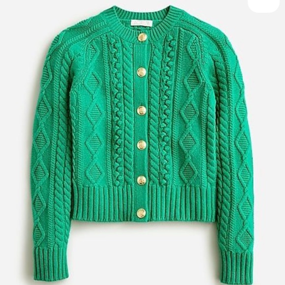 J CREW Cable-Knit Cardigan Sweater Green Lambswool Blend S - Picture 2 of 14